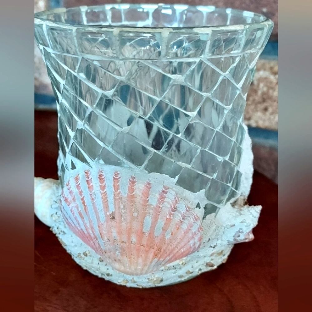 Clear Mosaic Glass Shell Sand Design Candle Votive Vase Beachy Nautical Ocean